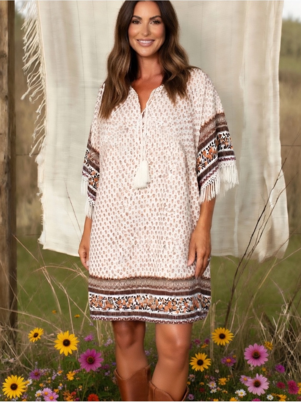 Soie’blu Sienna, Olive & Tan Boho Tassel & Crochet Trimmed Tunic Dress